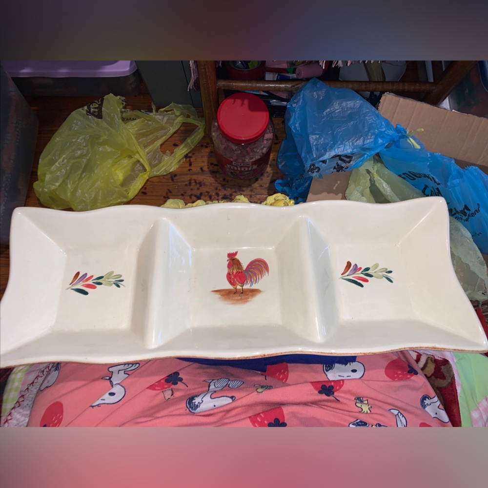 Beautiful New Serving 3 section rooster platter